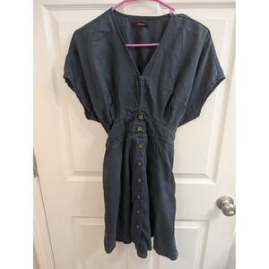 Quince Mini Dress Navy Blue Tencel Button Front V-Neck Vintage Wash - Size S
